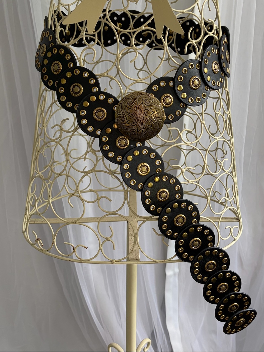 Black Leather Circle Stud Waist Belt with Brass Medallion